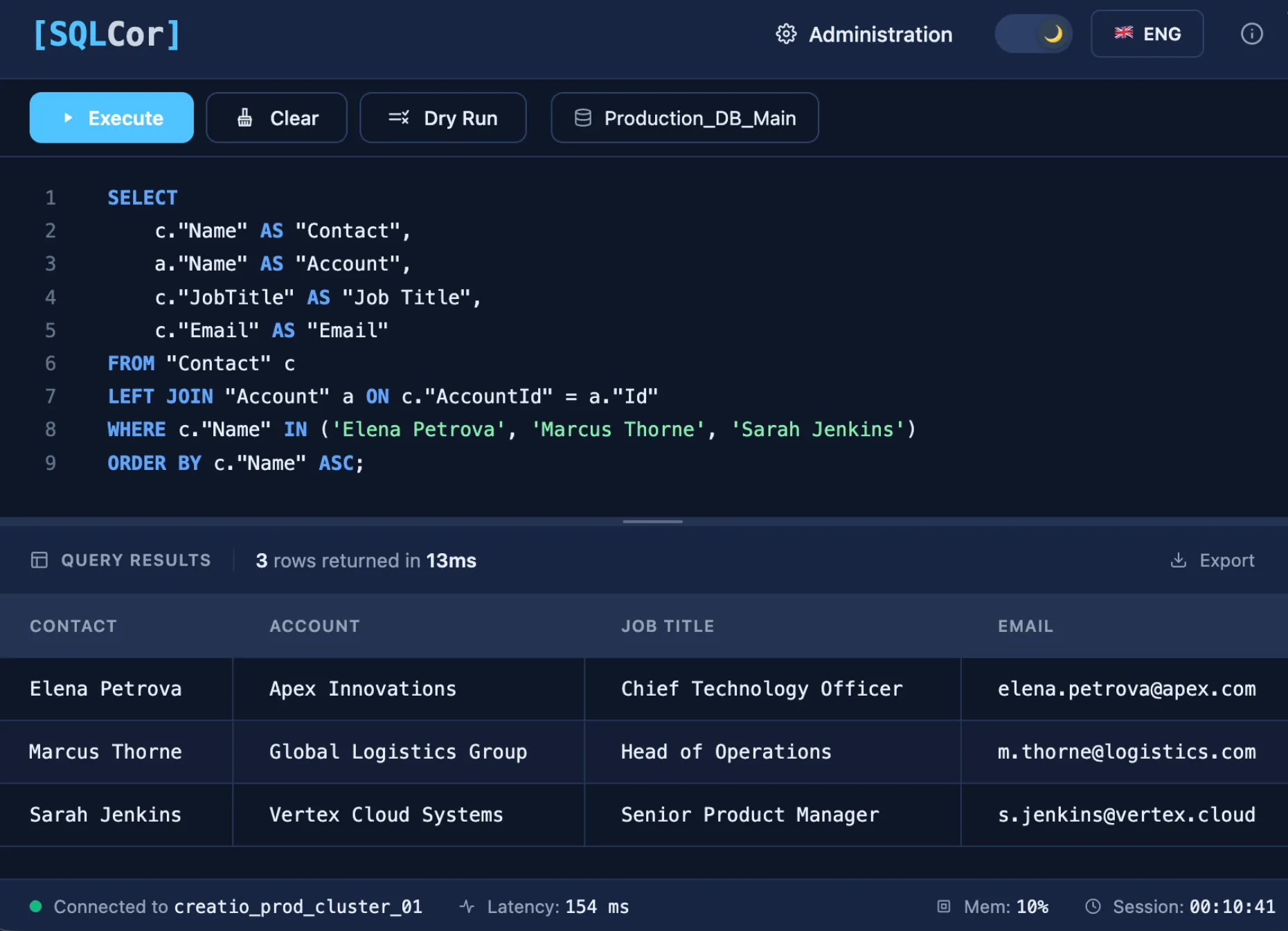 SQL Cor interface (dark)